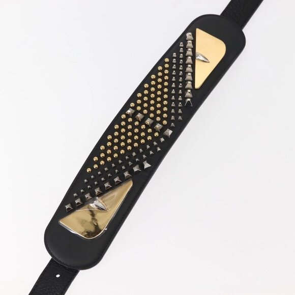 FENDI Monster Studs Shoulder Strap Leather 31.5""-39.4"" Black Gold Auth am9364 - Picture 6 of 11